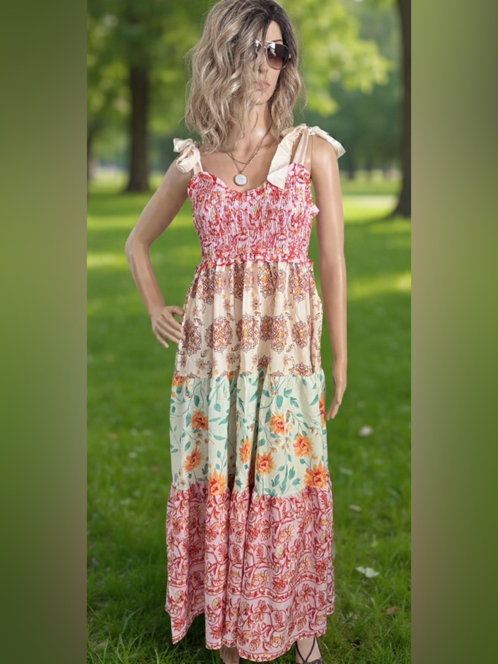 NWOT Boho Floral Tiered Maxi Dress - Pink & Cream Two Pockets Flowy & Light Sz M